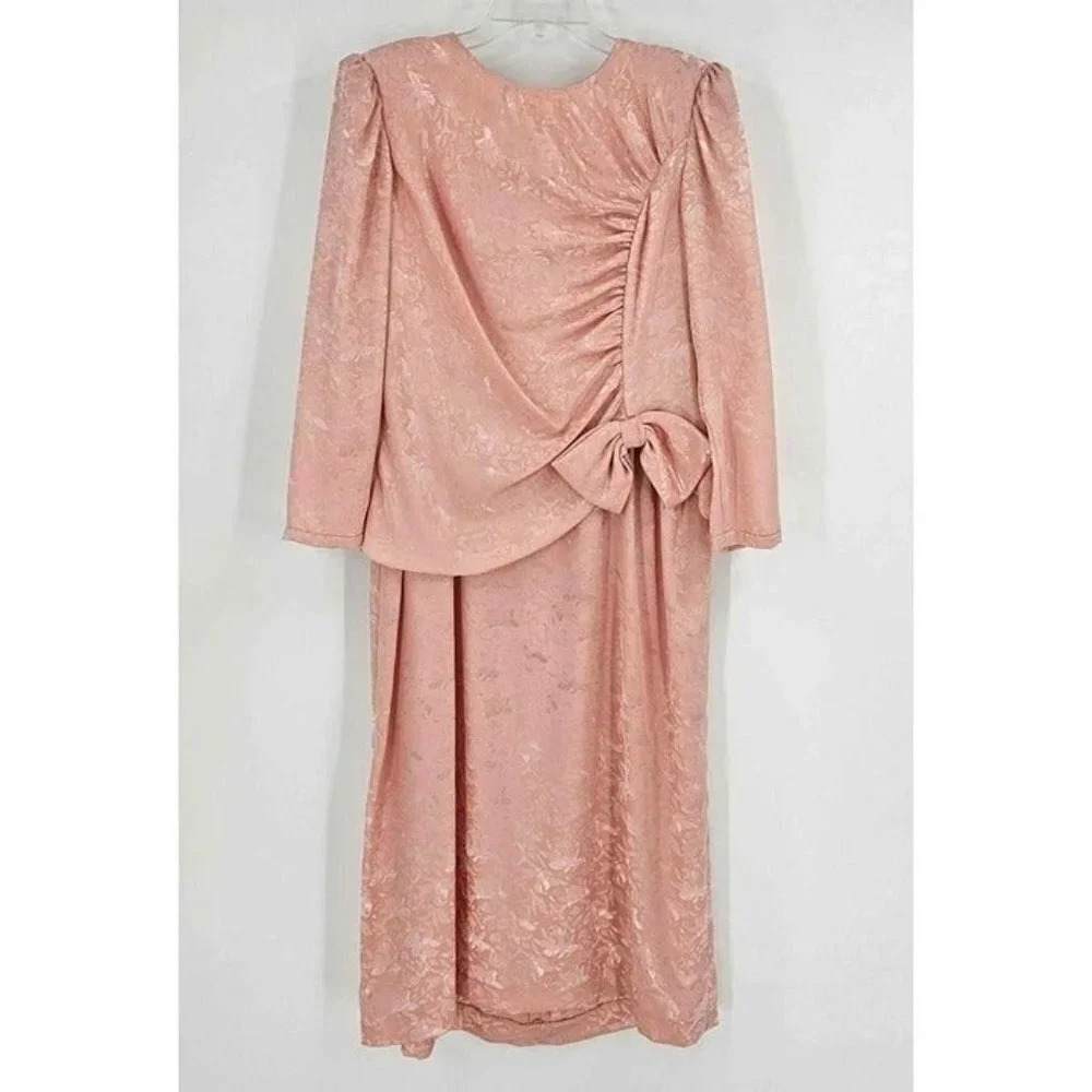 VTG Miss Elliette Pink Satin Feel Midi Dress Attached Overlay Blouse Sz 14 USA